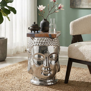 Complements Silver Dolomite Buddha Sculpted Side Table Deep Black Rounded Top, Torcello
