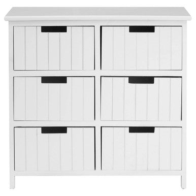 White storage cabinet with six black-detailed drawers