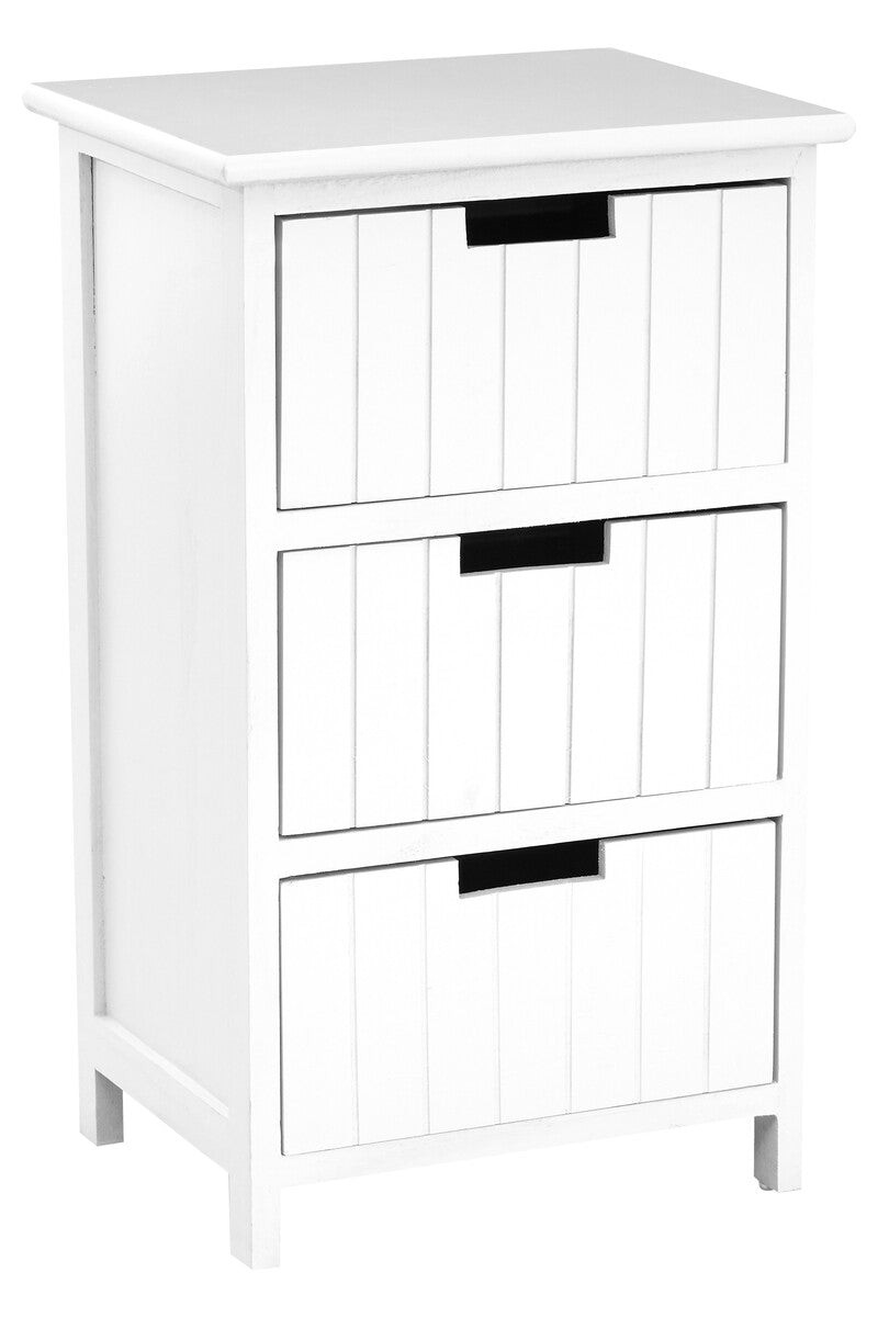 White nightstand with three drawers on a white background