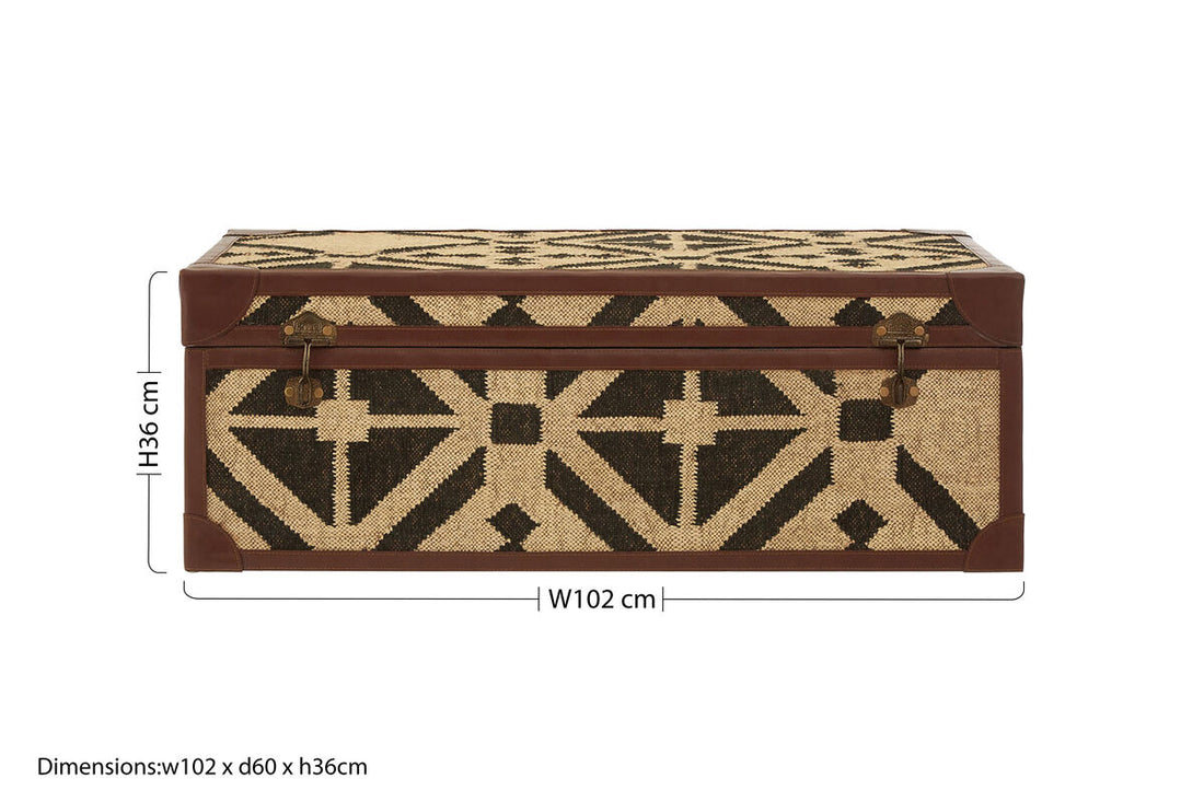 Woven storage box with geometric pattern and dimensions on a white background