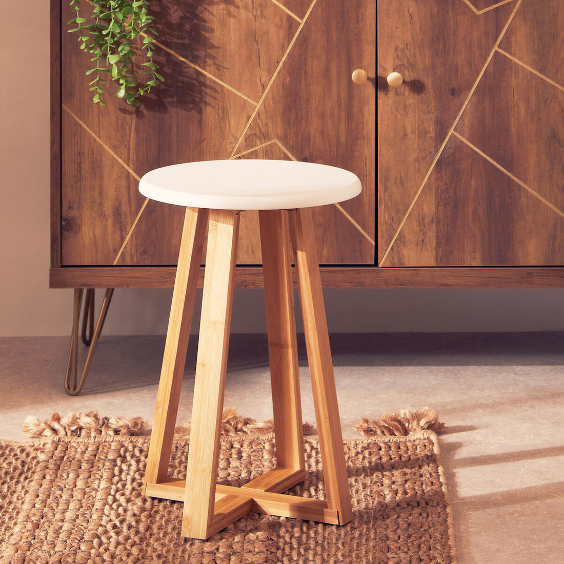Viborg White And Natural Bamboo Round Stool