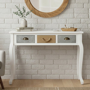 White Coastal Pinewood Console Table with Mix Material Drawer Fronts, Weymouth