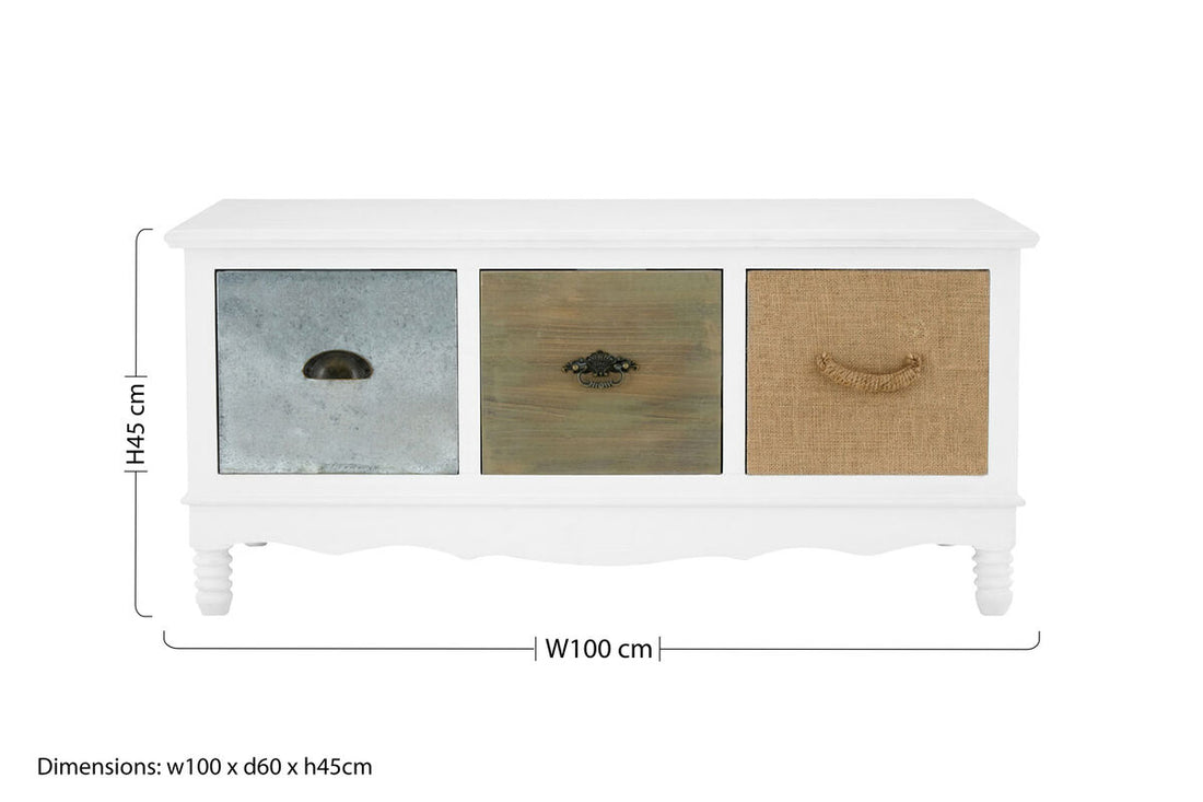 White Beach House Style Coffee Table with Three Drawers and Mixed Handle Design, Weymouth