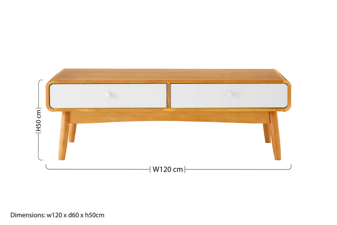 White Wood and Oak Veneer Coffee Table with 2 Drawers, Malmo