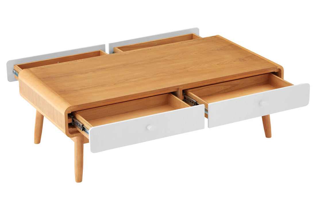 White Wood and Oak Veneer Coffee Table with 2 Drawers, Malmo