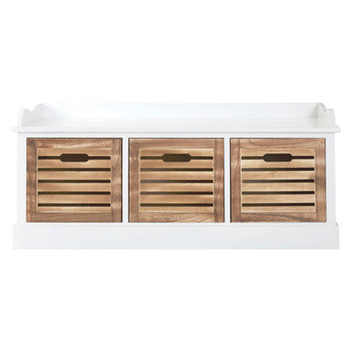 Wooden storage bins with a white shelf on a white background