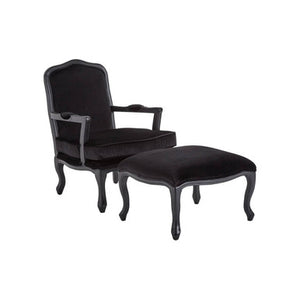 Rococo Black Velvet Chair and Footstool Set