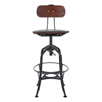 Vintage-style bar stool with wooden seat and backrest on a white background