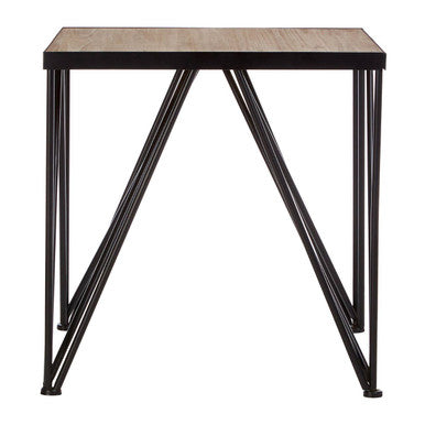 Small table with wooden top and black metal frame on a white background