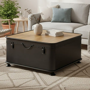 New Foundry Natural Wood and Black Metal Square Coffee Table with Storage