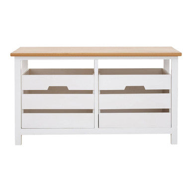 White console table with wooden top and drawers on a white background