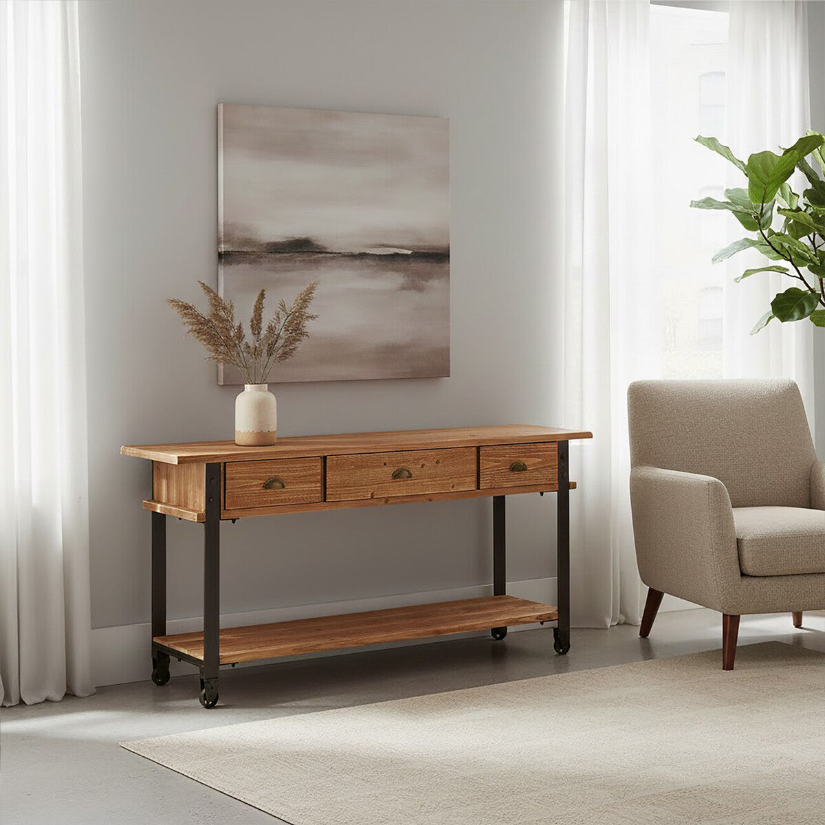 Natural Wooden 3-Drawer Console Table with Black Metal Legs, New Foundry