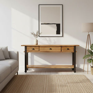 New Foundry Natural Wooden and Black Metal 3 Drawer Console Table