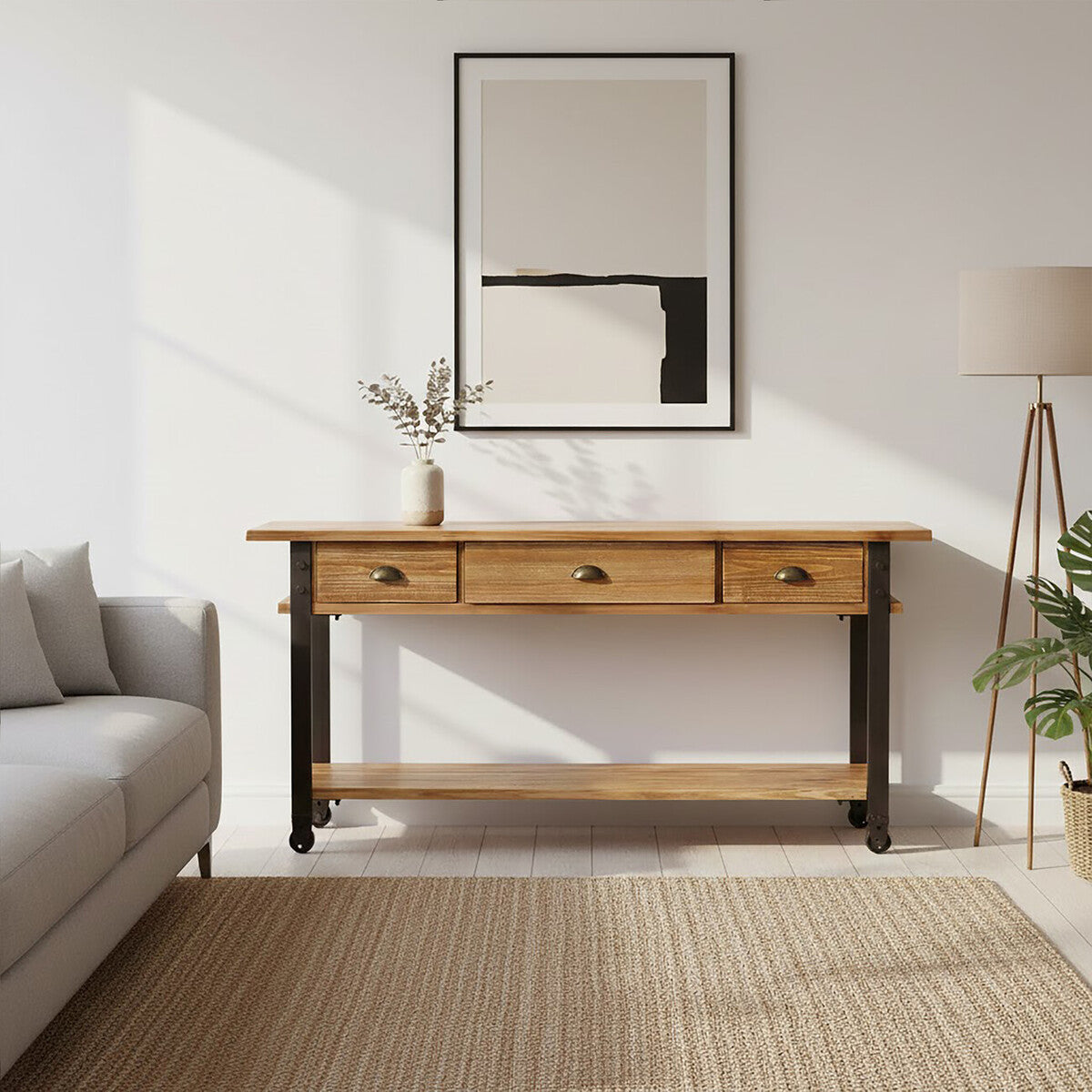 Natural Wooden 3-Drawer Console Table with Black Metal Legs, New Foundry