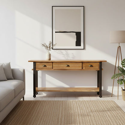 Natural Wooden 3-Drawer Console Table with Black Metal Legs, New Foundry