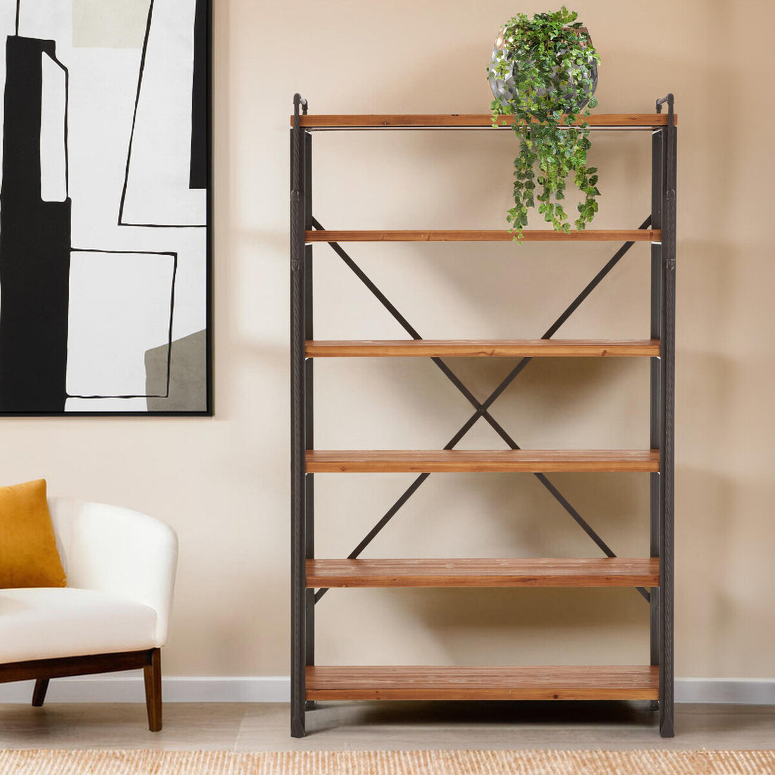 Wooden bookshelf with metal frame in a living room setting