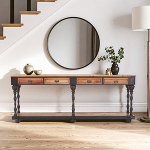 New Foundry Natural Wooden and Black Metal 4 Drawer Console Table