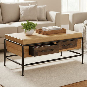 New Foundry Wooden and Black Metal 2 Drawer Coffee Table