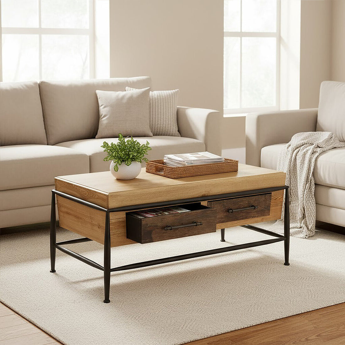 Wooden coffee table with decorative items in a living room setting