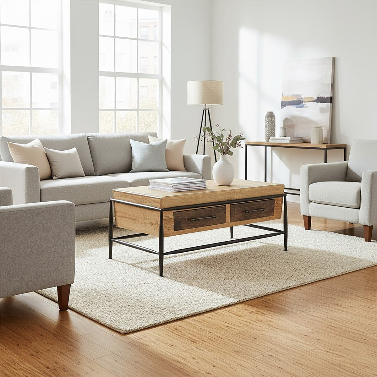 Modern living room with gray sofa, wooden coffee table, and white walls.