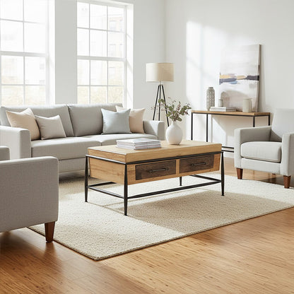 Modern living room with gray sofa, wooden coffee table, and white walls.