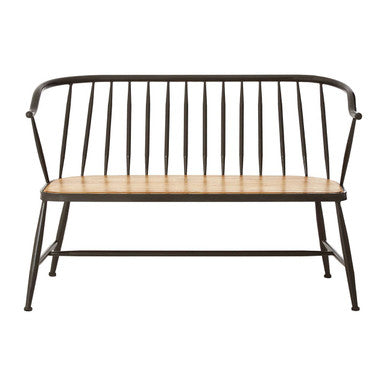 Black metal bench with wooden seat on a white background