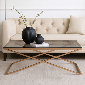 Montril Smoked Glass and Gold Finish Criss Cross Coffee Table