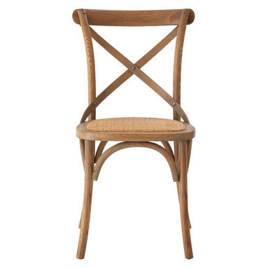 Wooden chair with a woven seat on a white background
