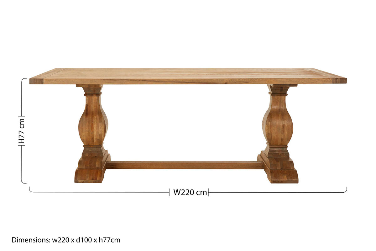 Wooden table with dimensions indicated on a white background