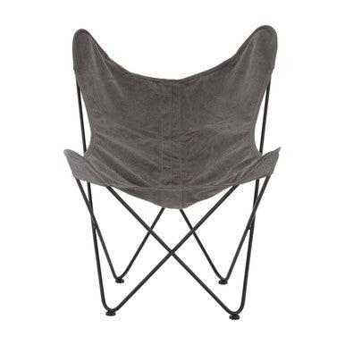 Gray butterfly chair with black metal frame on a white background