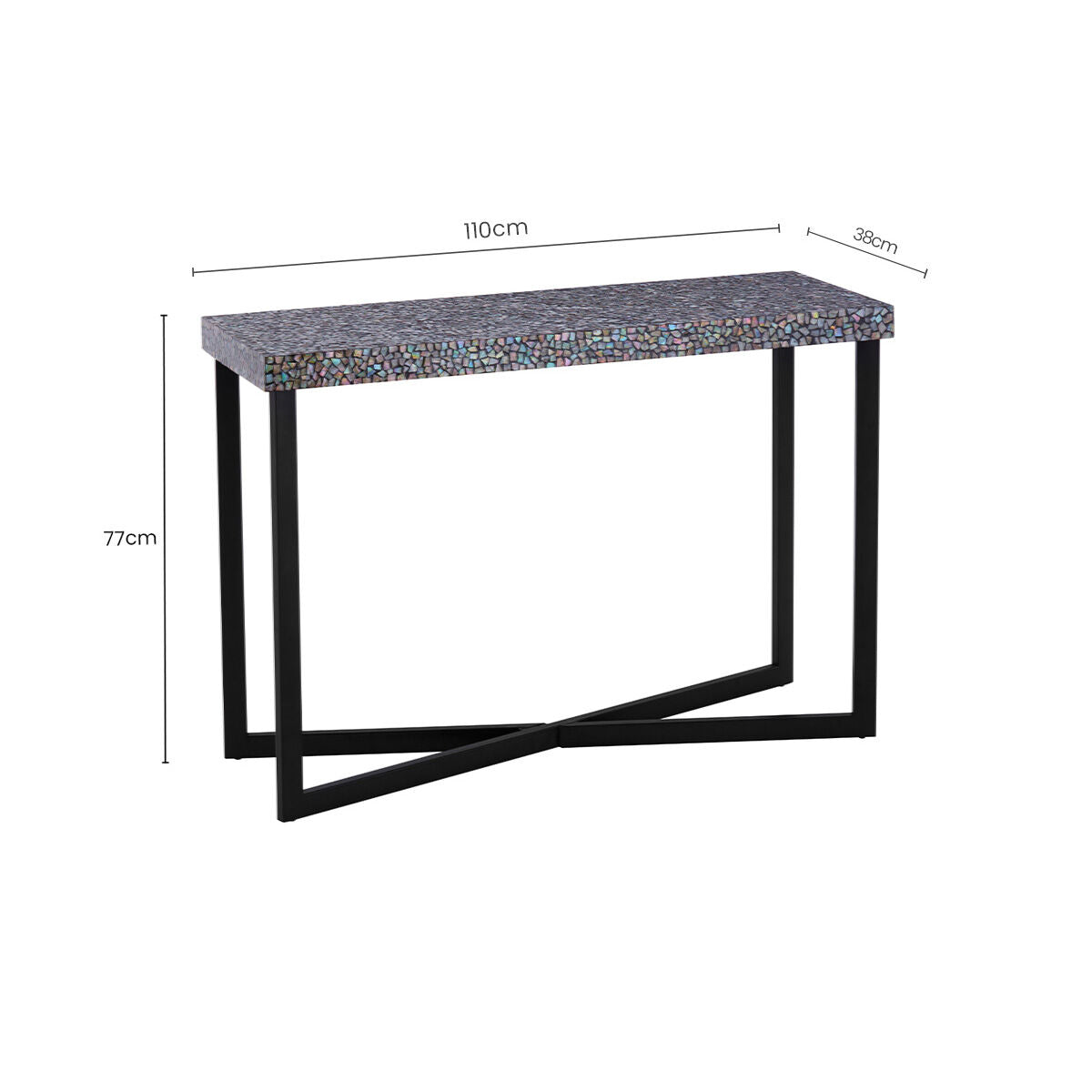 Crackle Shell Mosaic Console Table Rectangular Top Black Metal Frame | Fusion