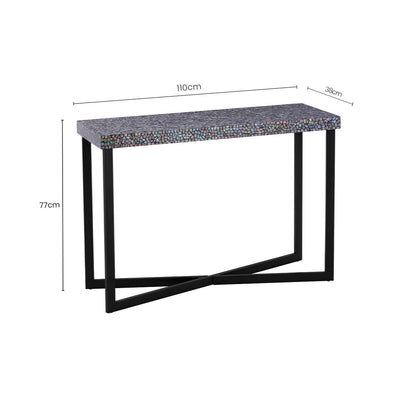 Crackle Shell Mosaic Console Table Rectangular Top Black Metal Frame | Fusion