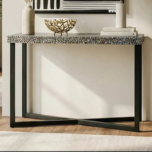 Crackle Shell Mosaic Console Table Rectangular Top Black Metal Frame, Fusion