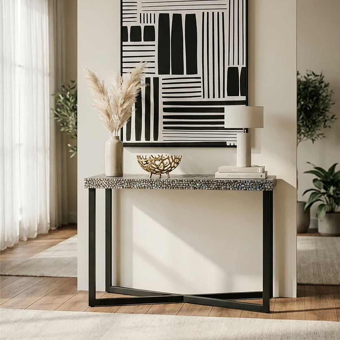 Crackle Shell Mosaic Console Table Rectangular Top Black Metal Frame, Fusion