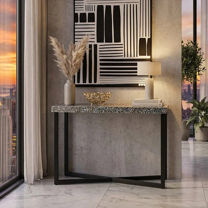 Crackle Shell Mosaic Console Table Rectangular Top Black Metal Frame | Fusion