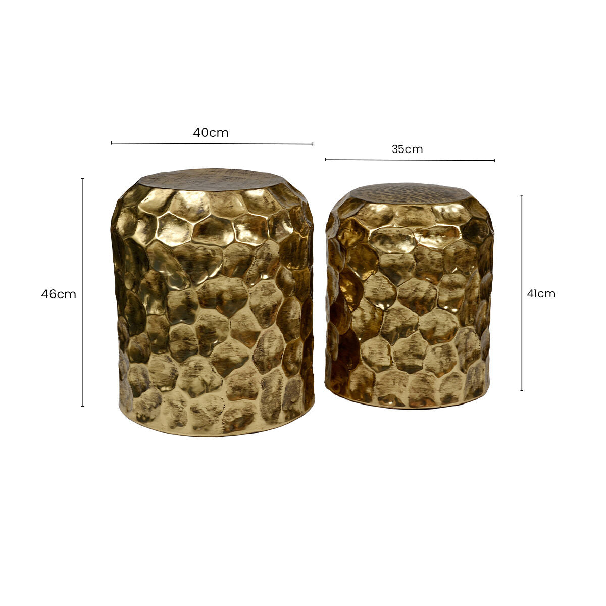Textured Antique Brown Brass Finish Metal Set of 2 Drum Side Tables, Templar