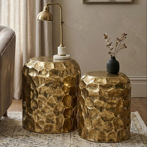 Textured Antique Brown Brass Finish Metal Set of 2 Drum Side Tables, Templar