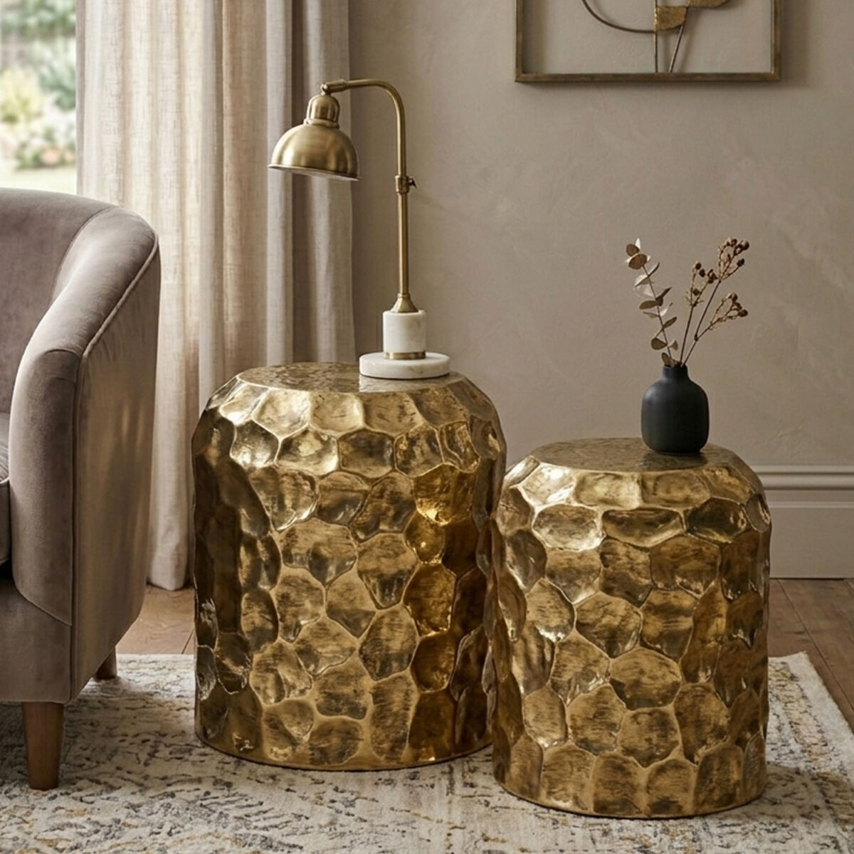 Textured Antique Brown Brass Finish Metal Set of 2 Drum Side Tables, Templar