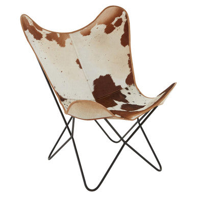 Butterfly chair with cowhide pattern on a white background