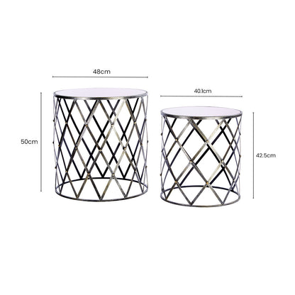 Set of 2 Diamond Design Silver Frame Side Tables with Round Mirrored Top, Avantis