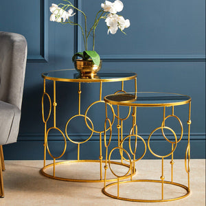 Avantis Gold Finish Set of 2 Round Side Tables with Circle Design