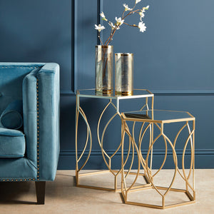 Avantis Brushed Champagne Finish Set of 2 Hexagonal Side Tables