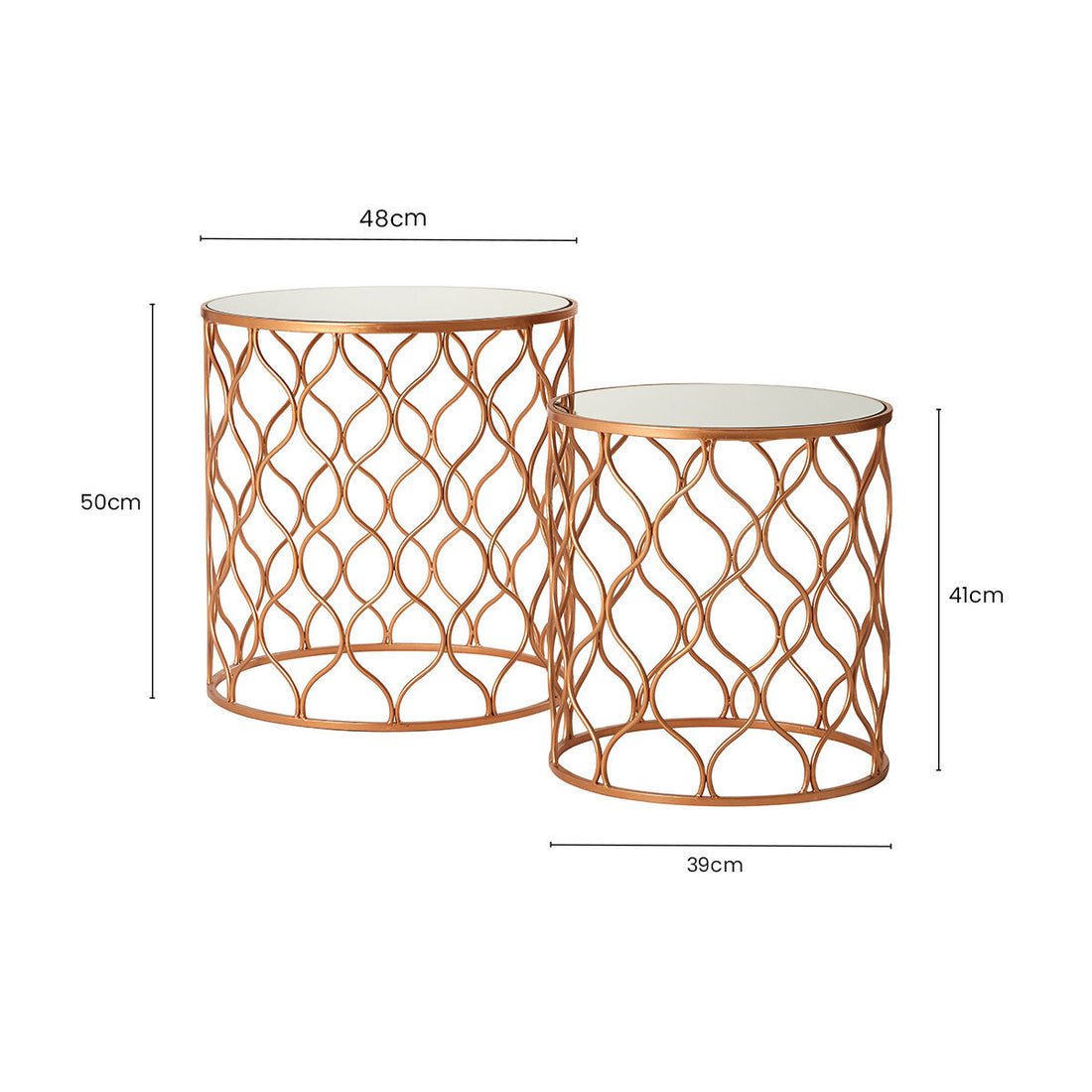 Set of 2 White Mirrored Top and Gold Copper Base Tables, Avantis