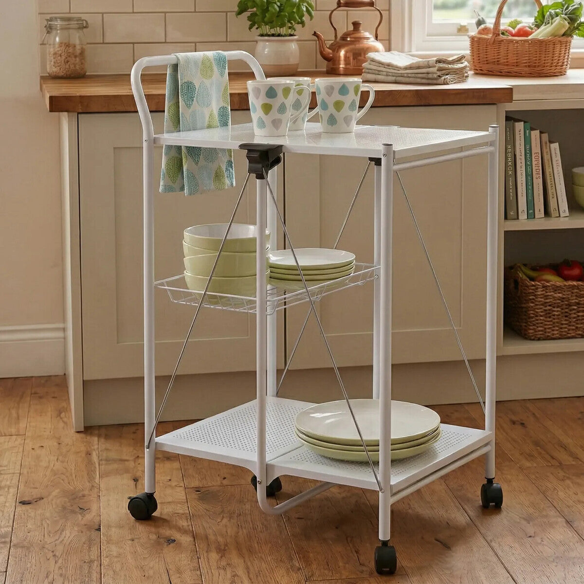 White Rectangular Folding Kitchen Trolley with Storage Basket, Harlow