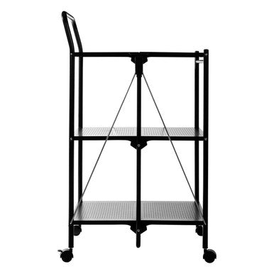 Black metal rolling cart with three shelves on a white background
