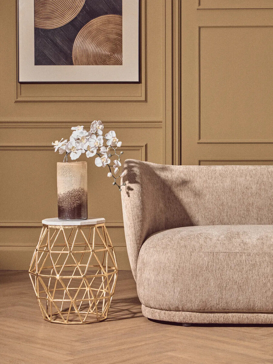 White Marble Top Side Table with Geometric Gold Finish Stone Frame, Templar