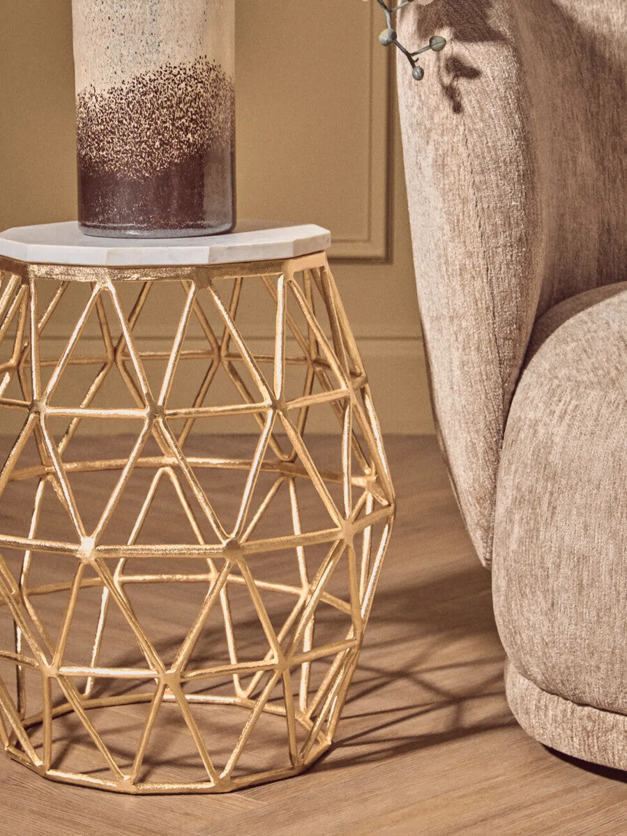 White Marble Top Side Table with Geometric Gold Finish Stone Frame, Templar