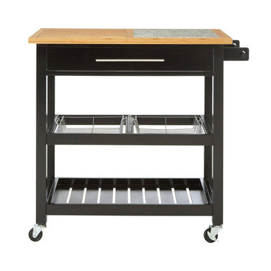 Black kitchen cart with wooden top and metal shelves on a white background