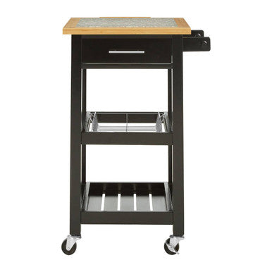 Black kitchen cart with wooden top on a white background