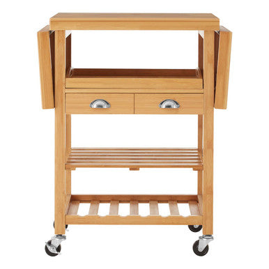 Wooden kitchen cart with a top that can be folded down, featuring two drawers and wheels on a white background.